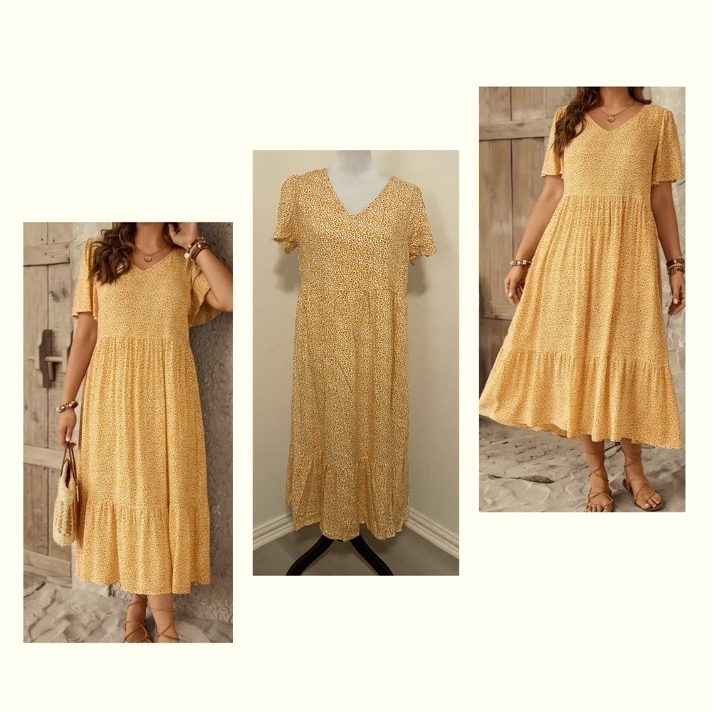 Ditsy Floral Print Dress, Vacation V Neck Short Sleeve Ruffle Hem Dress Large